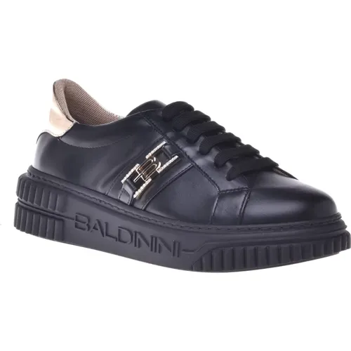 Trainers in black leather and gold laminated leather , female, Sizes: 6 UK, 7 UK, 5 UK, 3 UK, 6 1/2 UK - Baldinini - Modalova