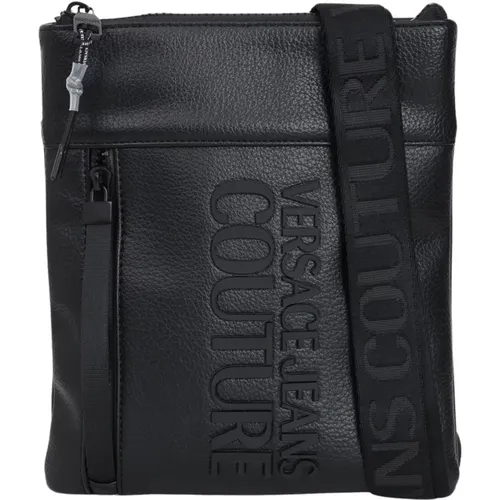 Schwarze Lederschultertasche mit erhabenem Logo - Versace Jeans Couture - Modalova