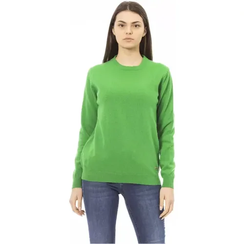 Grüner Woll-Crewneck-Pullover mit Metall-Monogramm , Damen, Größe: S - Baldinini - Modalova