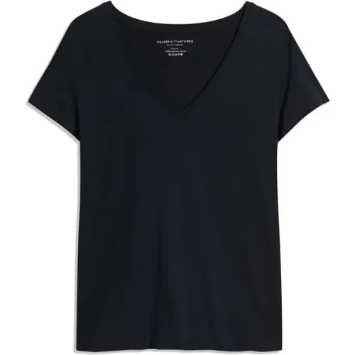 Marineblaues T-Shirt mit V-Ausschnitt , Damen, Größe: 2XL - majestic filatures - Modalova