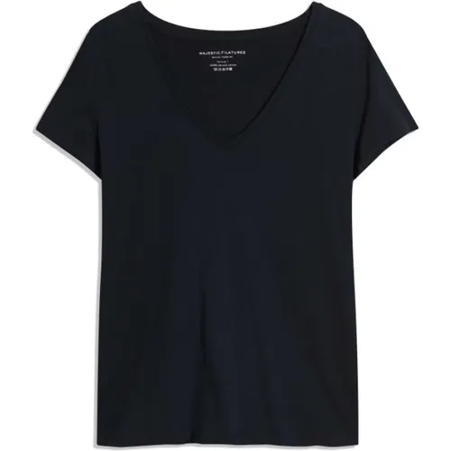 Marineblaues T-Shirt mit V-Ausschnitt , Damen, Größe: XL - majestic filatures - Modalova