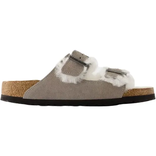 Graue Shearling Sandalen - Leder - Slip-on , Damen, Größe: 38 EU - Birkenstock - Modalova