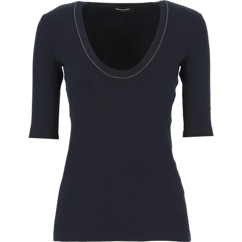 Dark U-Neck Cotton T-Shirt with Light Point Details , female, Sizes: S - Fabiana Filippi - Modalova