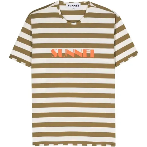 Green and White Striped Logo T-Shirt , male, Sizes: L, M - Sunnei - Modalova