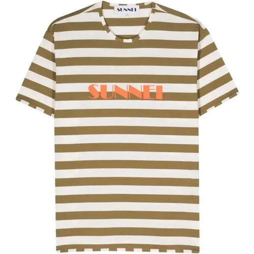 Green and White Striped Logo T-Shirt , male, Sizes: M - Sunnei - Modalova