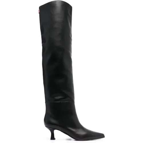 Schwarze Leder-Kniehohe Stiefel mit Logo-Patch , Damen, Größe: 36 1/2 EU - 3Juin - Modalova
