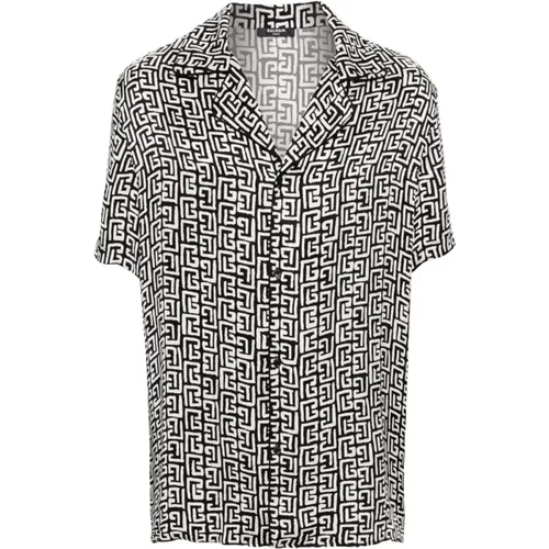 Monogram Print Satin Shirt , male, Sizes: XL - Balmain - Modalova