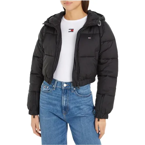 Schwarzer Puffer Cropped Hooded Mantel , Damen, Größe: L - Tommy Jeans - Modalova