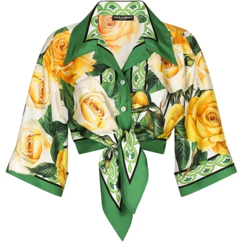 Rose Print Cropped Shirt , female, Sizes: S - Dolce & Gabbana - Modalova