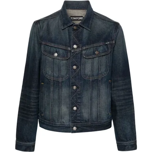 Indigo Denim Jacket with Contrast Stitching , male, Sizes: L, M - Tom Ford - Modalova