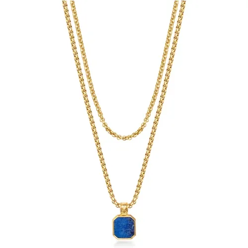 Gold Necklace Layer with 3mm Box Chain and Blue Lapis Square Necklace - Nialaya - Modalova