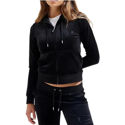 Schwarzer Velours-Zip-Hoodie mit Juwelendetail , Damen, Größe: XS - Juicy Couture - Modalova