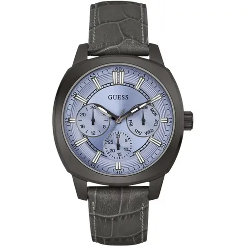 Graue Polyethylen Uhr, Quarz, Analog, Stahl, Gun Metal, PU & Leder, Blaues Zifferblatt - Guess - Modalova