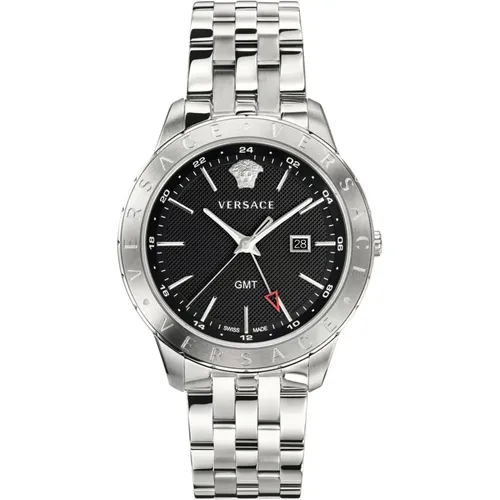 Silver Stainless Steel Bracelet Black Dial GMT Watch , male, Sizes: ONE SIZE - Versace - Modalova