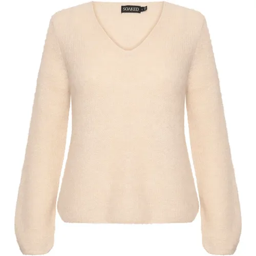 Sandshell V-Ausschnitt Pullover mit Puffärmeln , Damen, Größe: M - Soaked in Luxury - Modalova