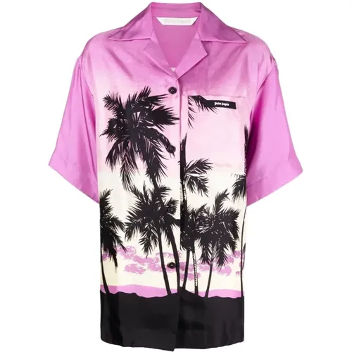 Oversized Silk Twill Bowling Shirt with Sunset Print , female, Sizes: 2XS - Palm Angels - Modalova