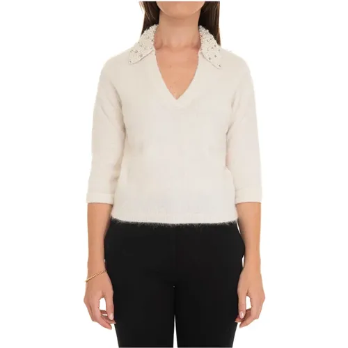 Perlenapplikation V-Ausschnitt Polo Shirt , Damen, Größe: XS - Liu Jo - Modalova