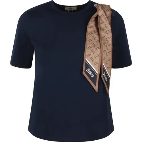 Blaues Baumwoll-T-Shirt mit Schal , Damen, Größe: 2XS - Herno - Modalova