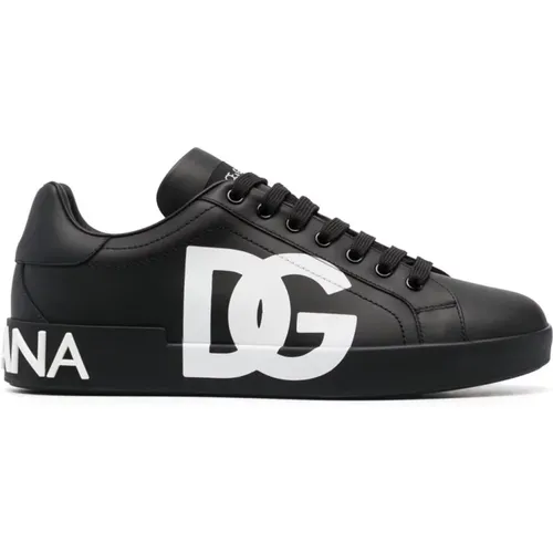 Schwarze Leder Sneakers Logo Print - Dolce & Gabbana - Modalova