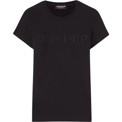 Slim Jersey T-shirt with Rhinestone Logo , female, Sizes: M, L - Dondup - Modalova