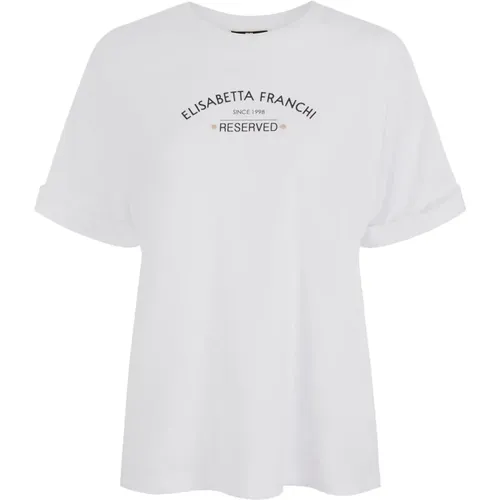 Weiße Leichte Baumwoll-T-Shirt mit Hochgekrempelten Ärmeln , Damen, Größe: S - Elisabetta Franchi - Modalova