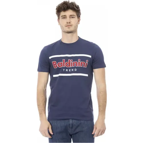 Blaues T-Shirt mit Rundhalsausschnitt und Frontdruck - Baldinini - Modalova