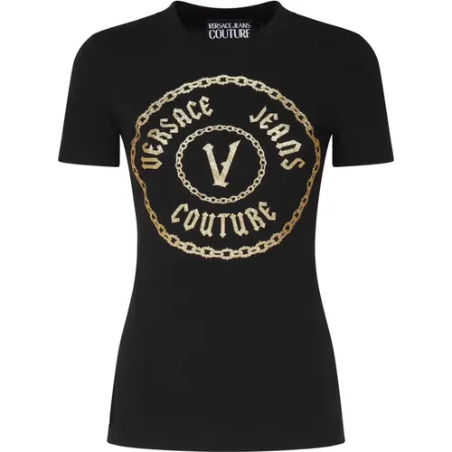 Schwarzes Baumwoll-T-Shirt mit Frontdruck , Damen, Größe: S - Versace Jeans Couture - Modalova