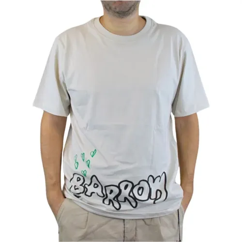 Beige Short Sleeve T-Shirt with Front Letters and Back Print , male, Sizes: L - Barrow - Modalova