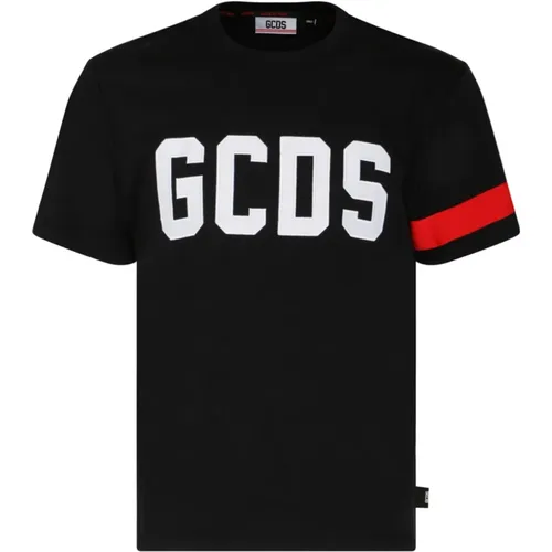 Schwarzes T-Shirt mit Logo-Print und rotem Streifenbesatz , Herren, Größe: M - GCDS - Modalova