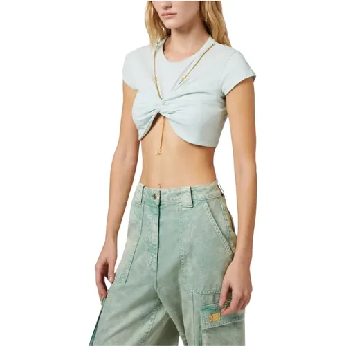 Jersey Cropped T-Shirt mit Knoten , Damen, Größe: L - Elisabetta Franchi - Modalova
