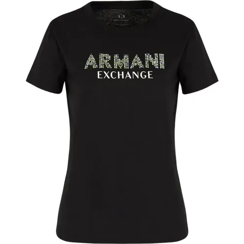 Schwarzes Logo-Print Bio-Baumwoll-T-Shirt , Damen, Größe: XS - Armani Exchange - Modalova