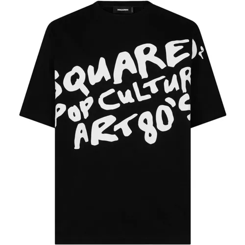 Schwarzes Grafik Print T-shirt,Schwarzes Baumwoll-T-Shirt mit bedruckter Schrift - Dsquared2 - Modalova