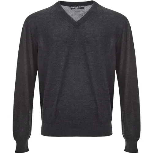 Dark Grey Cashmere V-Neck Sweater , male, Sizes: 3XL - Dolce & Gabbana - Modalova