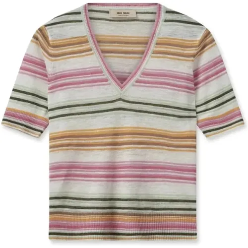 Gestreiftes Leinenstrick T-Shirt - Begonia Pink , Damen, Größe: XL - MOS MOSH - Modalova