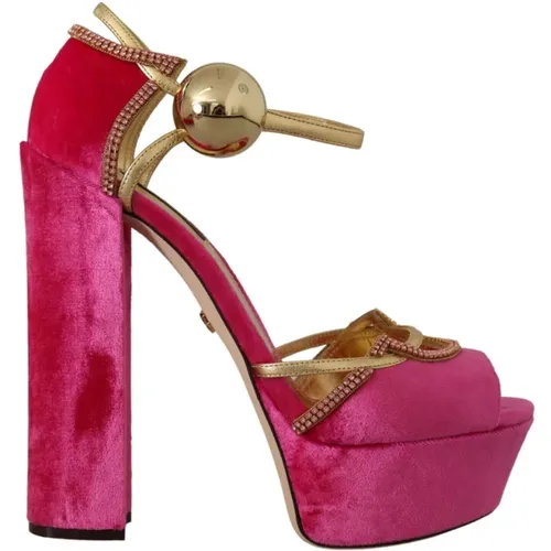 Samt- und Goldledersandalen mit rosa Kristallen - Dolce & Gabbana - Modalova