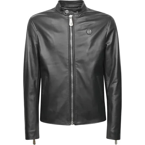 Leather Biker Jacket with Hexagon Logo , male, Sizes: L - Philipp Plein - Modalova