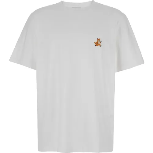 Speedy Fox Patch Weißes T-Shirt , Herren, Größe: L - Maison Kitsuné - Modalova