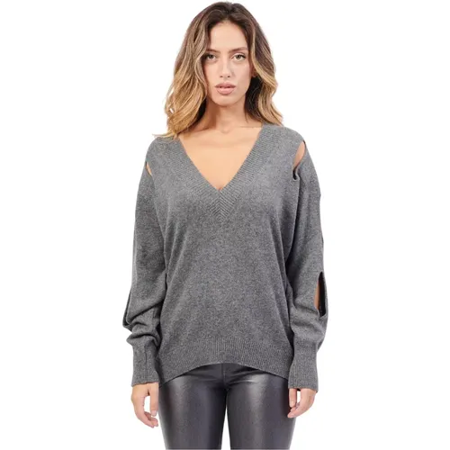 Grauer Pullover mit V-Ausschnitt und Cut-Out-Ärmeln , Damen, Größe: XL - Jijil - Modalova