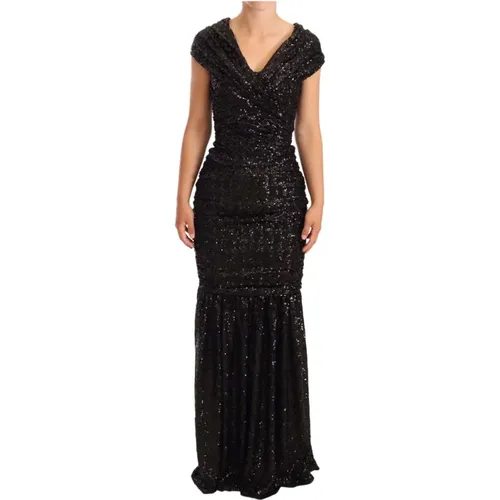 Schwarzes Pailletten Off-Shoulder Langes Abendkleid - Dolce & Gabbana - Modalova