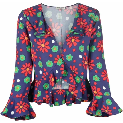 Bluse mit Blumenmuster und Gerafften Details - Saint Laurent - Modalova