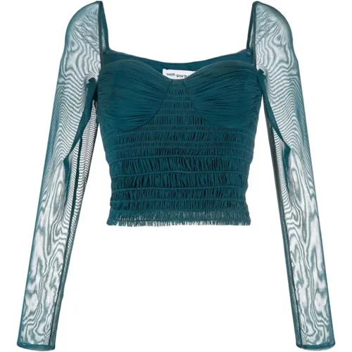 Teal shirred powermesh top , female, Sizes: M - Self Portrait - Modalova