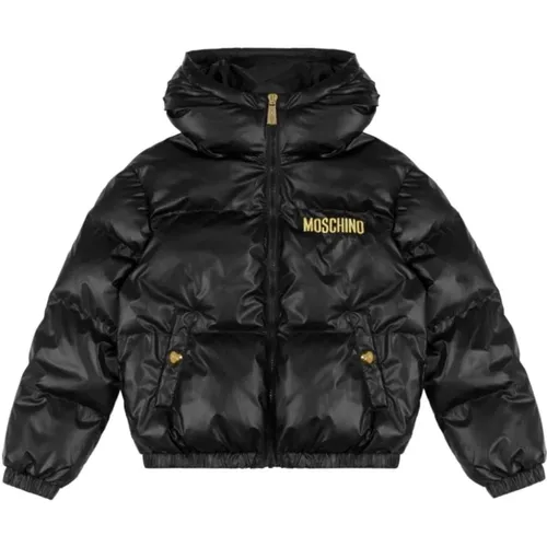 Kurze Schwarze Kapuzenjacke mit Goldbesticktem Logo - Moschino - Modalova