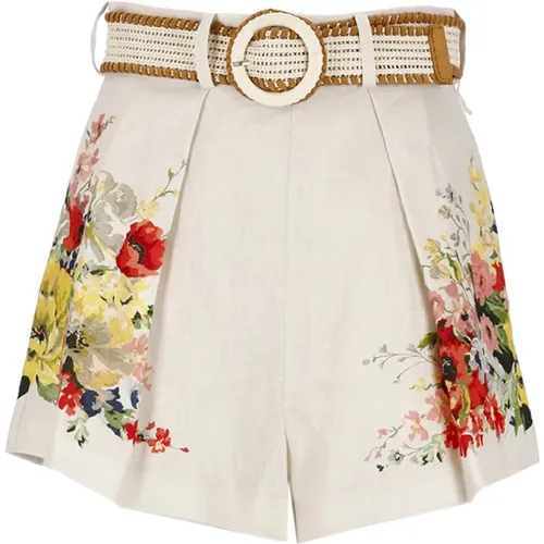 Ivory Linen Shorts with Floral Pattern , female, Sizes: M - Zimmermann - Modalova