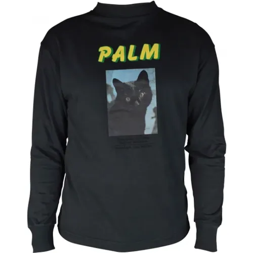 Graues Langarm-Katzen-T-Shirt , Herren, Größe: XL - Palm Angels - Modalova