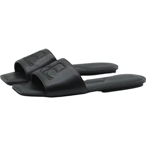 Schwarze Leder Slip-on Slides , Damen, Größe: 38 EU - Courrèges - Modalova