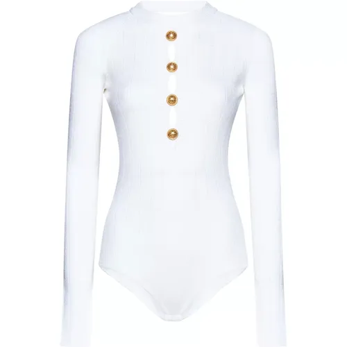 Weißer Gestrickter Knopfverzierter Bodysuit - Balmain - Modalova