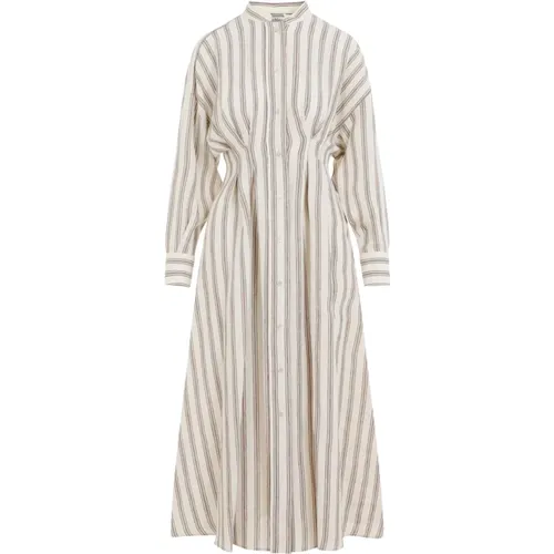 Striped White Brown Linen Long Dress , female, Sizes: 2XS, XS, S - Max Mara - Modalova