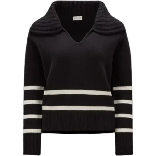 Cashmere V-Neck Sweater with Oversized Ribbed Collar and Striped Inlay , female, Sizes: XS, M - Moncler - Modalova