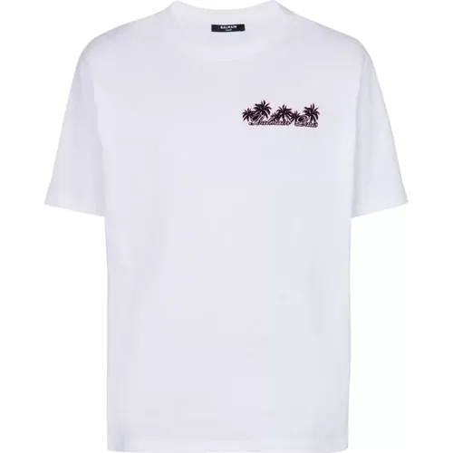 Palm Tree Logo Print T-shirt , male, Sizes: M, S, L - Balmain - Modalova