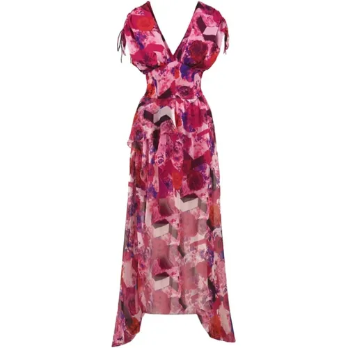 Floral Chiffon Maxi Dress with Front Slit , female, Sizes: XS - Gaëlle Paris - Modalova